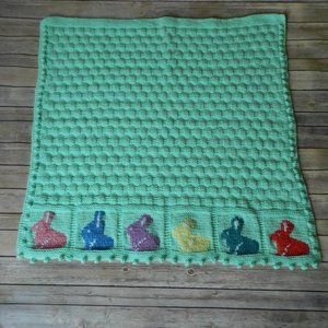 NWT Hand Knit Bunny Baby Blanket 34 x 34 Boy /Girl
